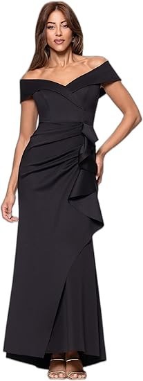 Xscape Women's Long Off The Shoulder Sweetheart Neck Side Ruffle Dress