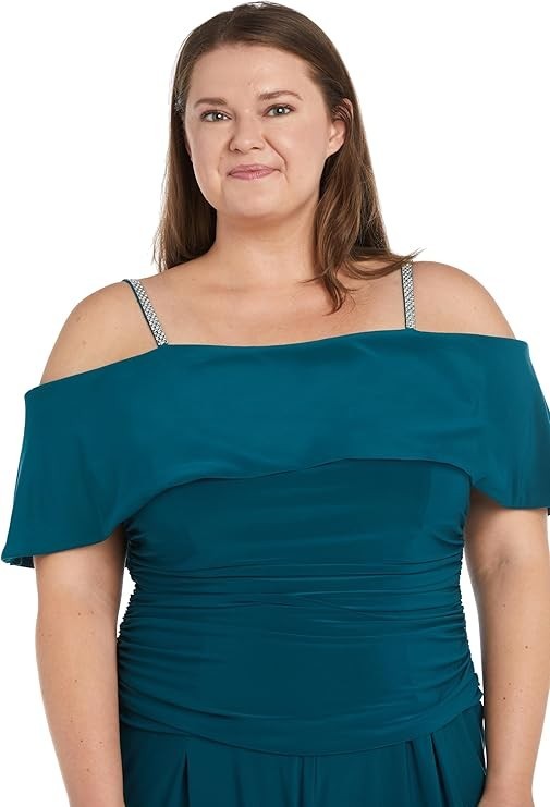 R&M Richards Women's Off-the-Shoulder Ruched Bodice Jumpsuit WRhinestone Straps