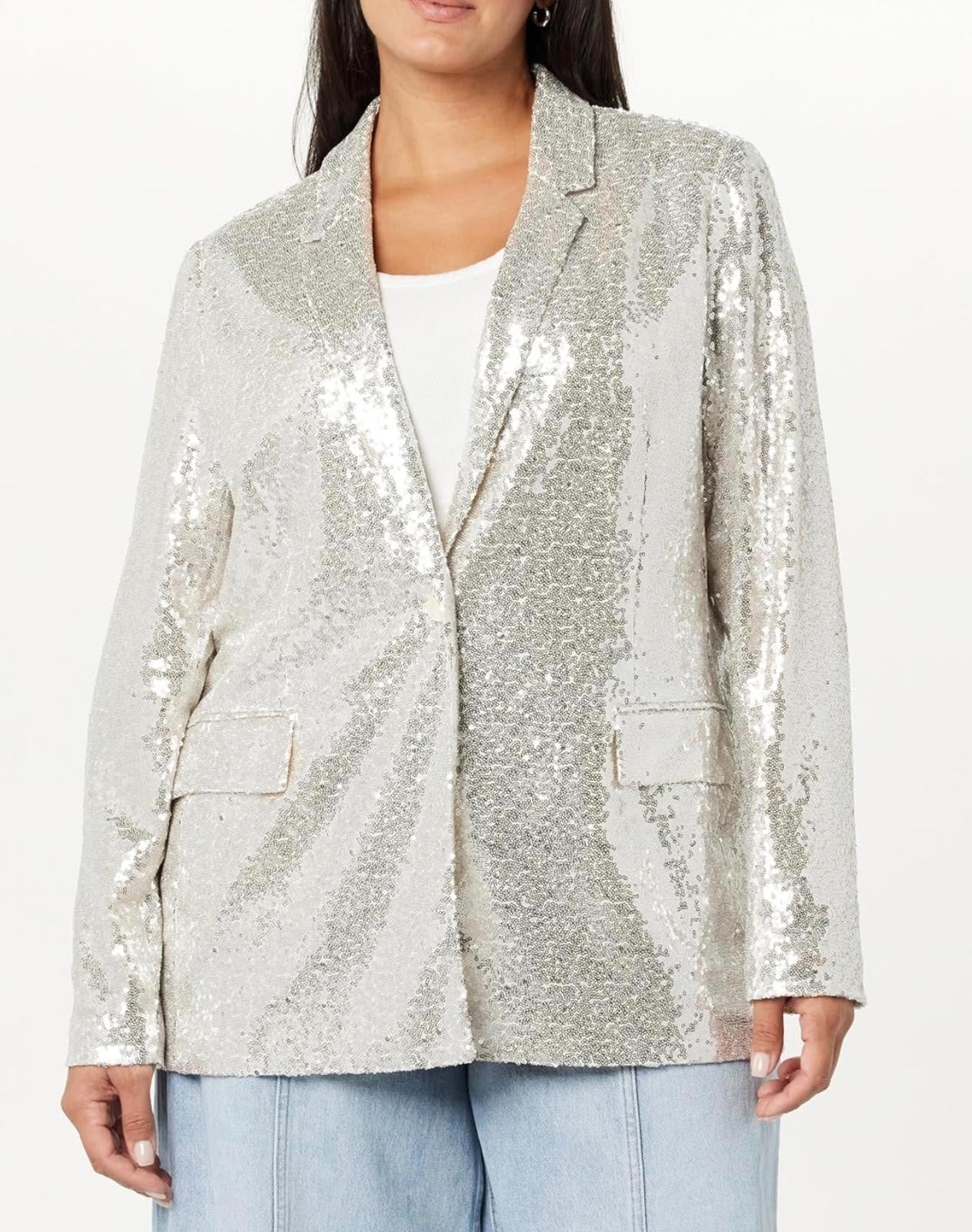 The Drop Women's Blake Long Blazer Silver Sequina Size 4XL Brand New!