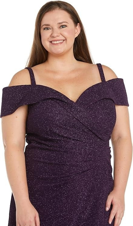 R&M Richards Women's Glitter Knit Gown Plum Portrait Collar Cold Shoulder Size 18