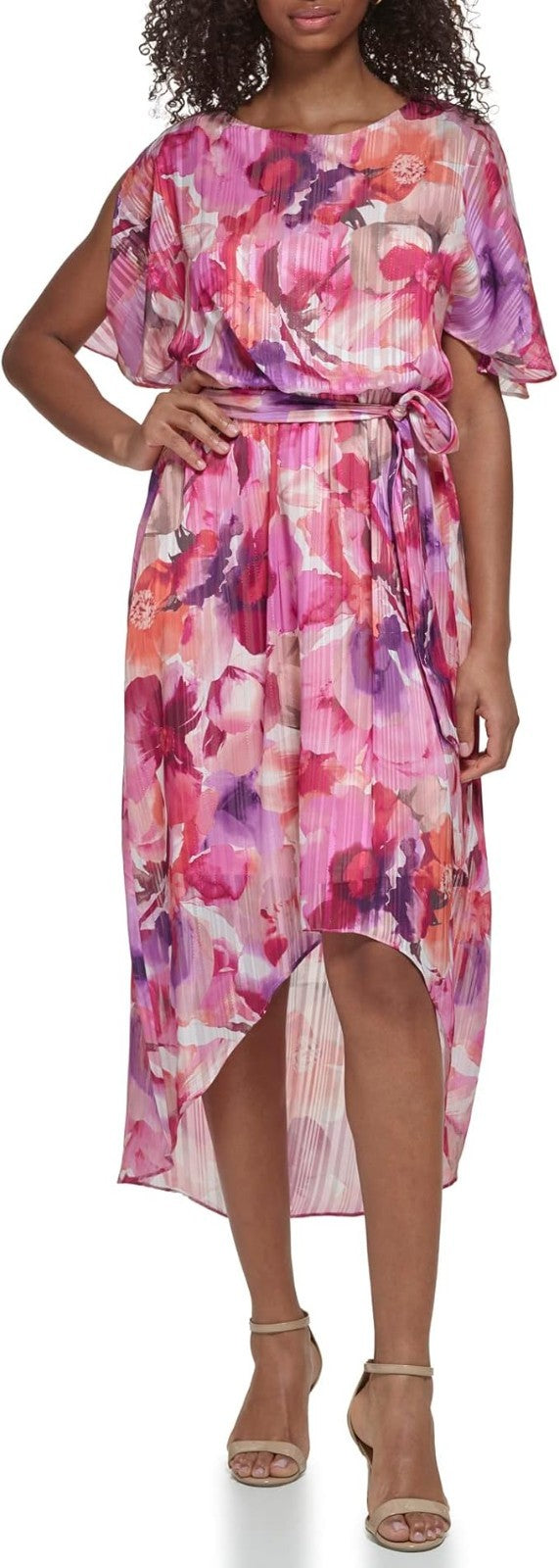 Jessica Howard women's Floral Hi-lo Midi Dress Short Sleeve Chiffon