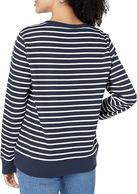 Amazon Essential Women's Fleece Crewneck Sweatshirt Navy White Stripe Size Small