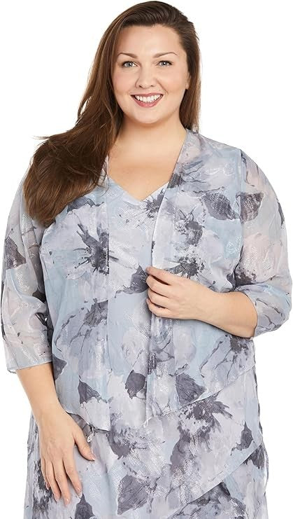 R&M Richards Women's Floral Jacquard High-Low Chiffon Dress WMatching Bolero Jac