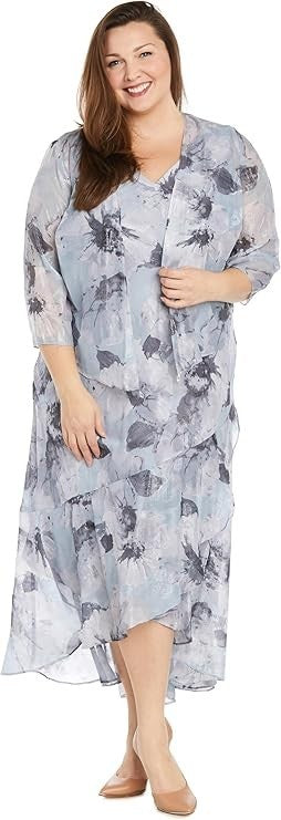 R&M Richards Women's Floral Jacquard High-Low Chiffon Dress WMatching Bolero Jac