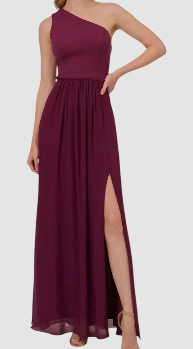 Adrianna Papell Women's One Shoulder Chiffon Gown Pleated skirt 12 New with Tags
