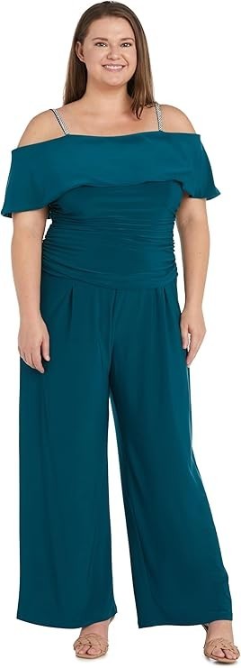 R&M Richards Women's Off-the-Shoulder Ruched Bodice Jumpsuit WRhinestone Straps
