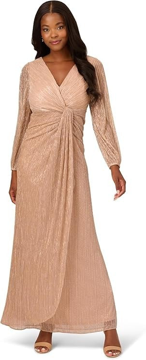 Adrianna Papell Women's Metallic Mesh Draped Gown Long Sleeve