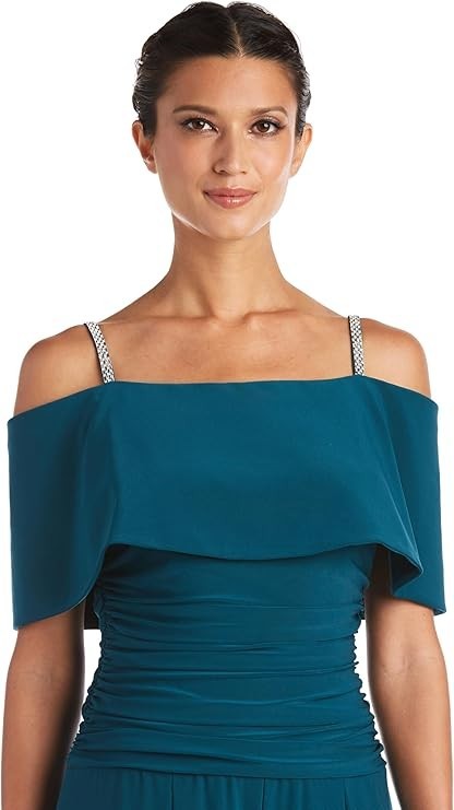 R&M Richards Women's Off-the-Shoulder Ruched Bodice Jumpsuit WRhinestone Straps