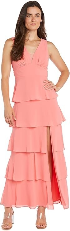 R&M Richards Women's Elegant Multi-Tiered Ruffle Chiffon Maxi Dress V-Neck Slee