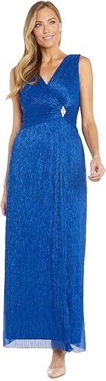 R&M Richards Women's Elegant Crinkle Pleated V-Neck Sleeveless Maxi Dress New