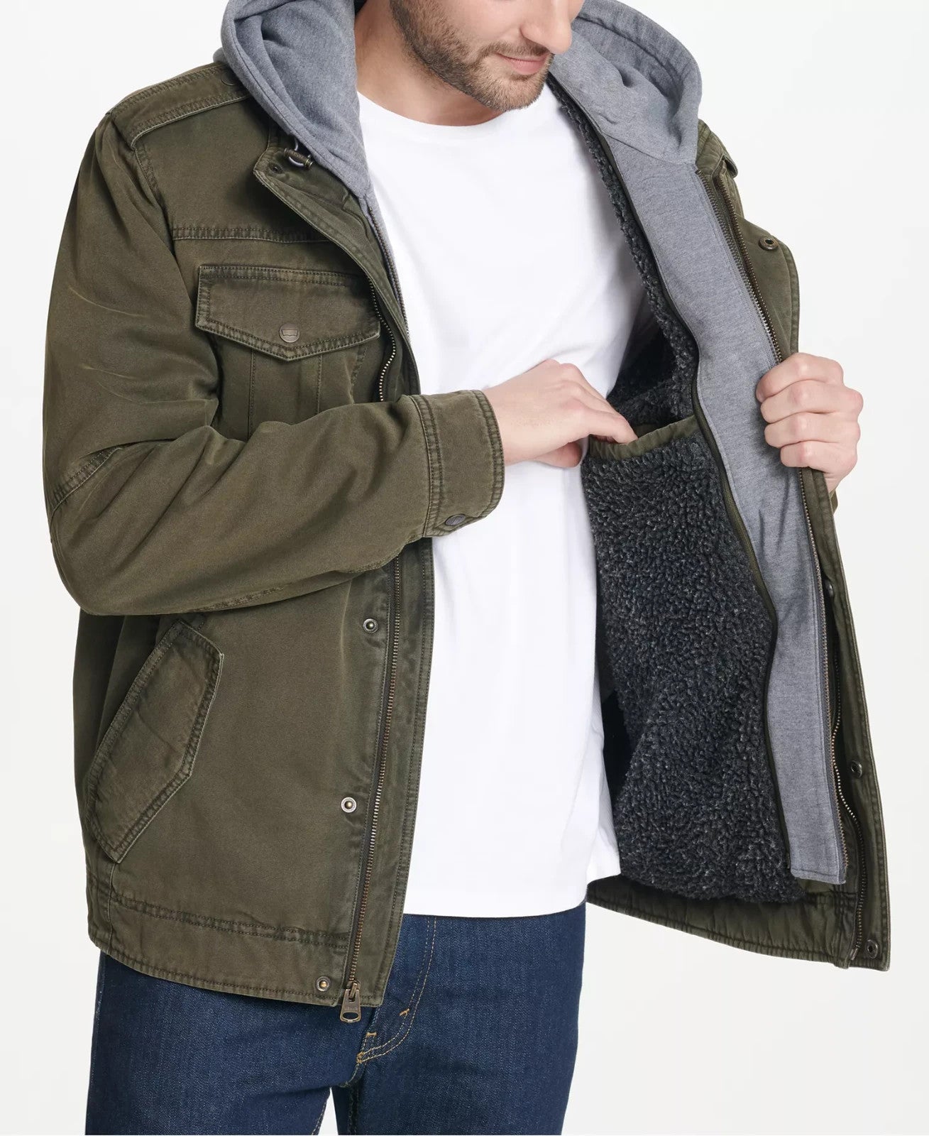 Levi's Men’s Sherpa Lined Two Pocket Hooded Trucker Jacket Olive Small NWT!