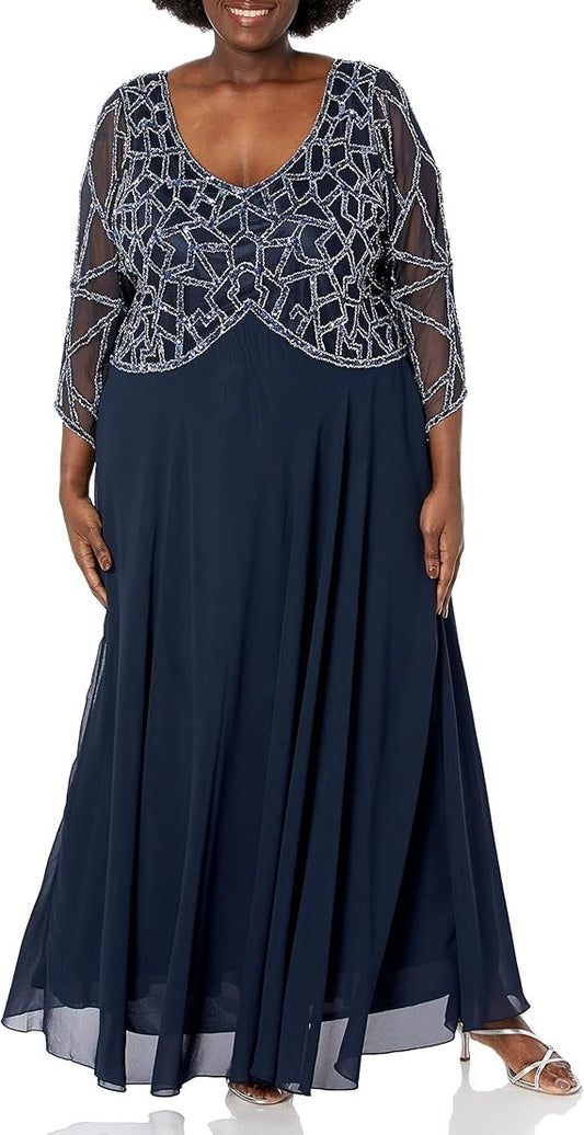 J Kara Women's Plus Size 3/4 Sleeve Geo Beaded Gown Size 24W