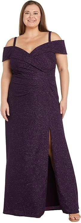 R&M Richards Women's Glitter Knit Gown Plum Portrait Collar Cold Shoulder Size 18