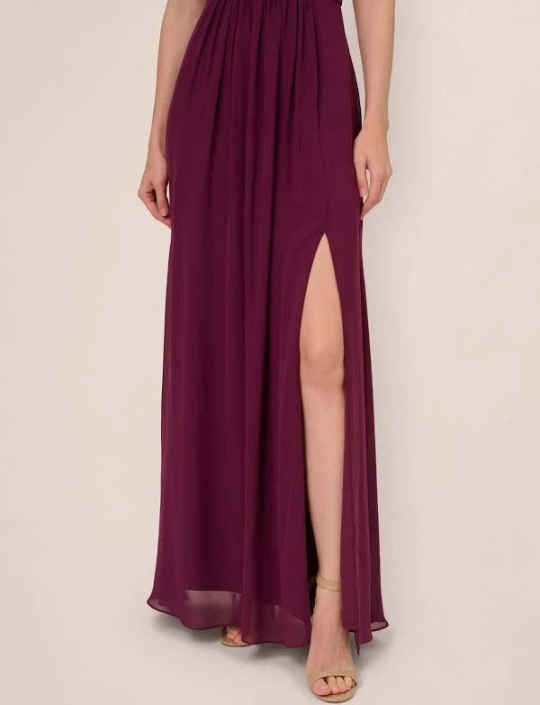 Adrianna Papell Women's One Shoulder Chiffon Gown Pleated skirt 12 New with Tags