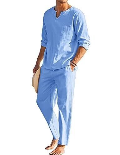 COOFANDY Men's 2 Pieces Cotton Linen Set Henley Shirt Long Sleeve