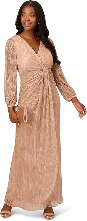 Adrianna Papell Women's Metallic Mesh Draped Gown Long Sleeve