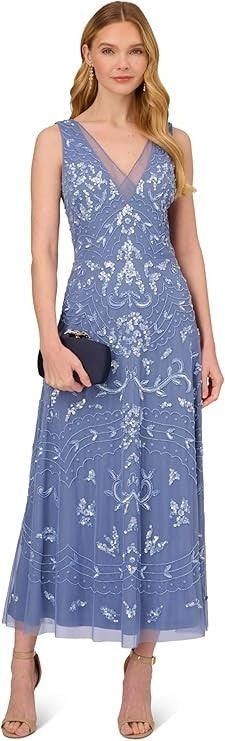 Adrianna Papell Womens Beaded Ankle Length Dress