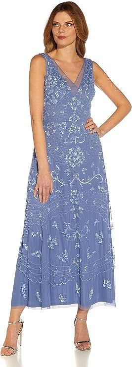 Adrianna Papell Womens Beaded Ankle Length Dress