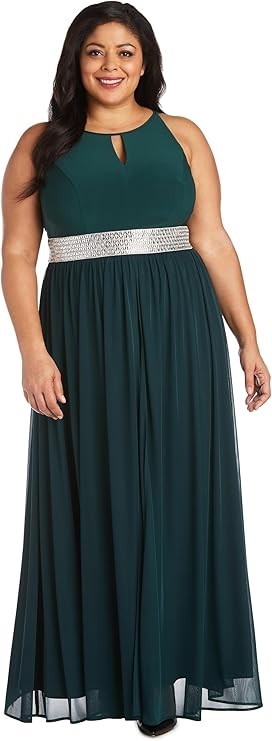 R&M Richards Women's Halter Maxi Dress With Rhinestone Waist & Flowing