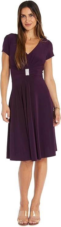 R&M Richards Women's V-Neck Short Sleeve Fit-and-Flare Dress
