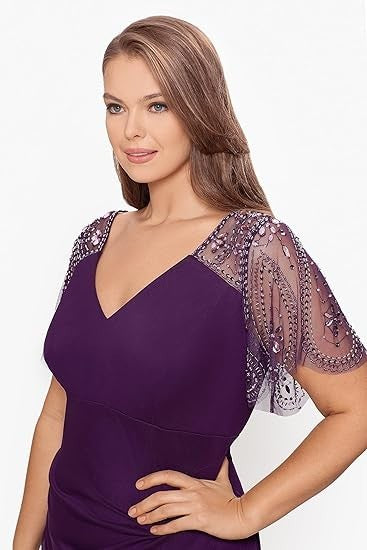 Xscape Female Long Sheer Matte Jersey Beaded Flutter Sleeve Dress