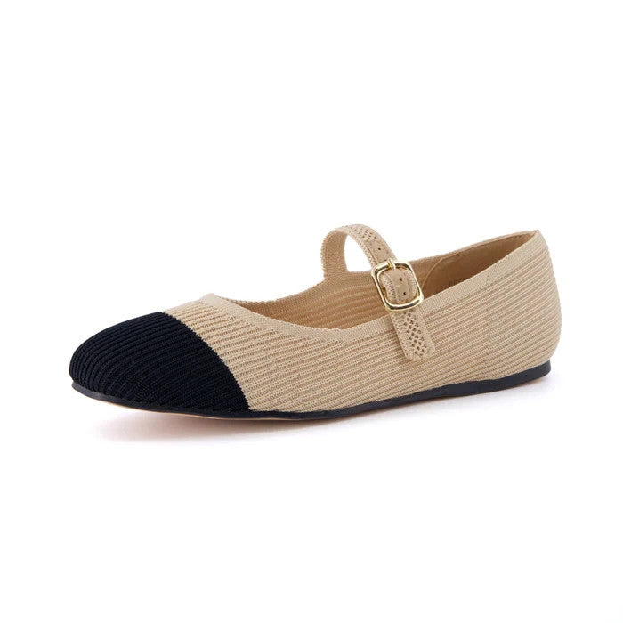 CUSHIONAIRE Women's Petal Mary Jane Knit Flat Beige/Black Size 11 Brand New!