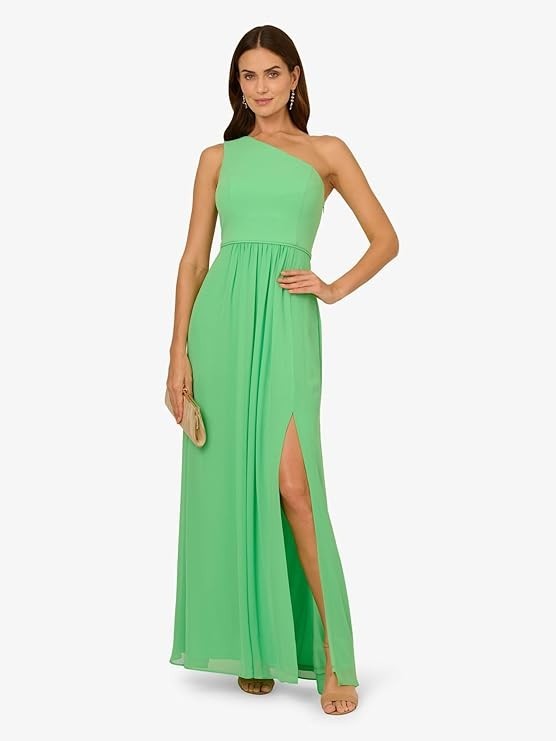 Adrianna Papell Women's One Shoulder Chiffon Gown Long Evening Gown with Pleate
