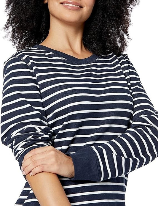 Amazon Essential Women's Fleece Crewneck Sweatshirt Navy White Stripe Size XS