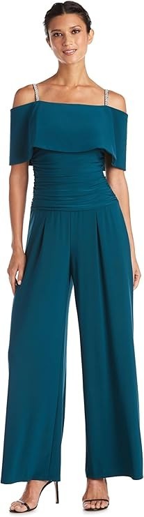 R&M Richards Women's Off-the-Shoulder Ruched Bodice Jumpsuit WRhinestone Straps