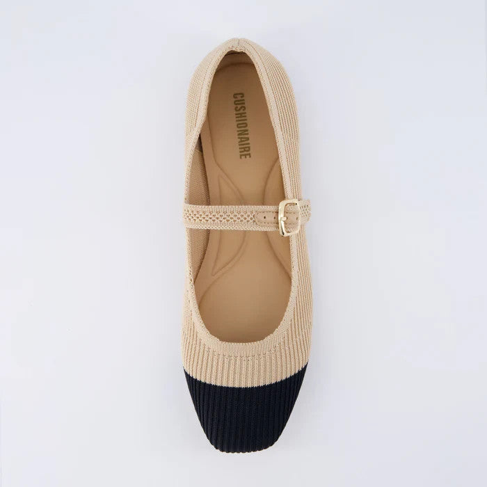 CUSHIONAIRE Women's Petal Mary Jane Knit Flat Beige/Black Size 8W