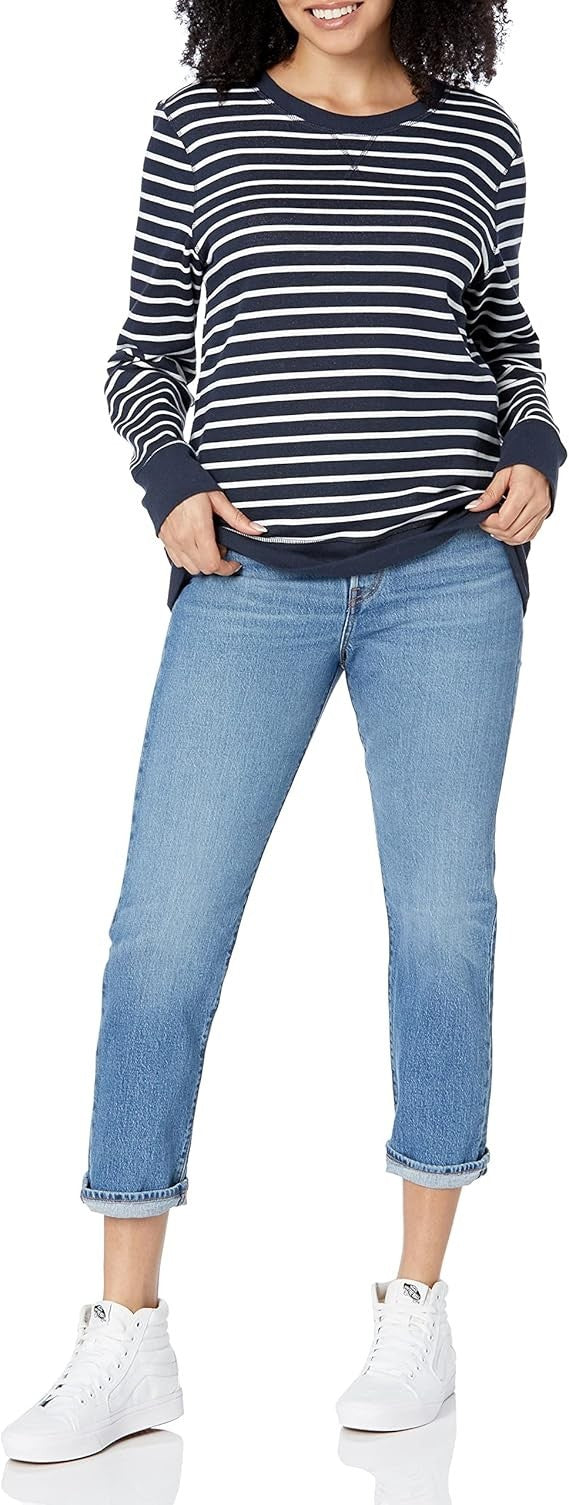 Amazon Essential Women's Fleece Crewneck Sweatshirt Navy White Stripe Size Small