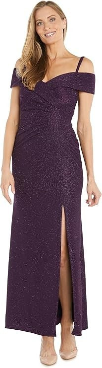 R&M Richards Women's Glitter Knit Gown Plum Portrait Collar Cold Shoulder Size 18