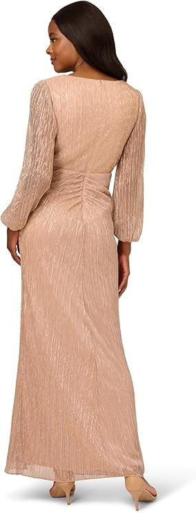 Adrianna Papell Women's Metallic Mesh Draped Gown Long Sleeve
