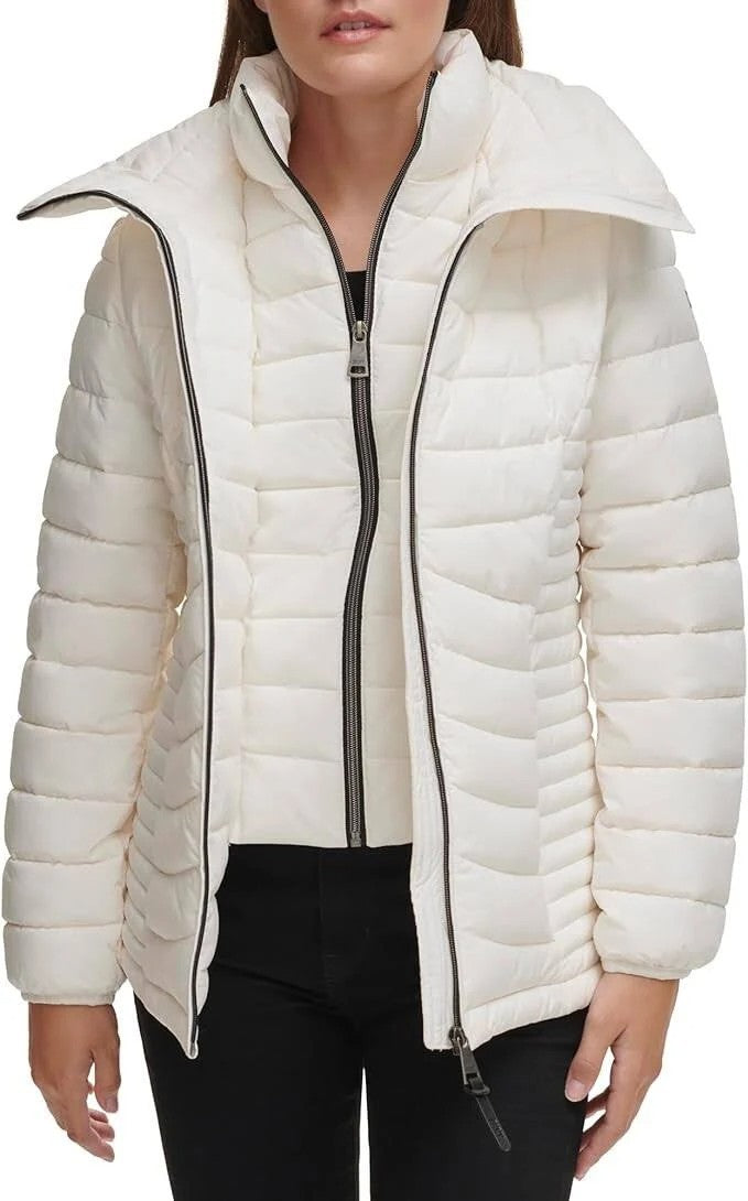 DKNY Women's Bibbed Packable Puffer Coat Pearl Size XL