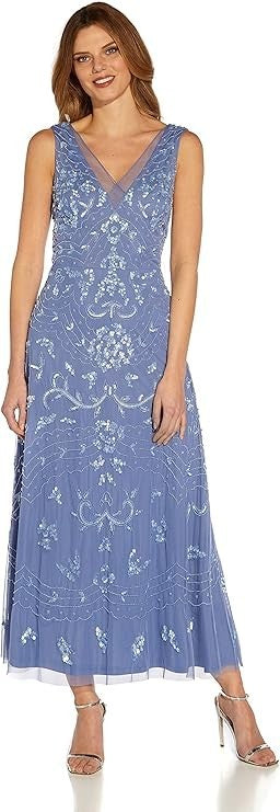 Adrianna Papell Womens Beaded Ankle Length Dress