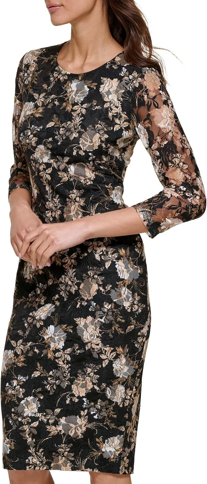 Kensie Womens Floral Knit Long Sleeve Midi Bodycon Dress