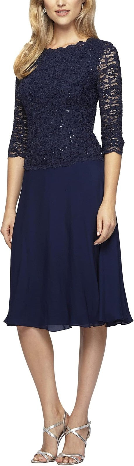 Alex Evenings Women's Tea Length Embroidered Bodice Mother of The Bride Gown, We