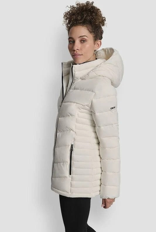 DKNY Women's Bibbed Packable Puffer Coat Pearl Size XL