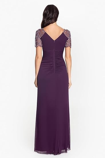 Xscape Female Long Sheer Matte Jersey Beaded Flutter Sleeve Dress