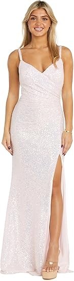 NIGHTWAY Juniors Sequined Gown with Mock Wrap Bodice & Slit Dress