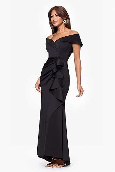 Xscape Women's Long Off The Shoulder Sweetheart Neck Side Ruffle Dress