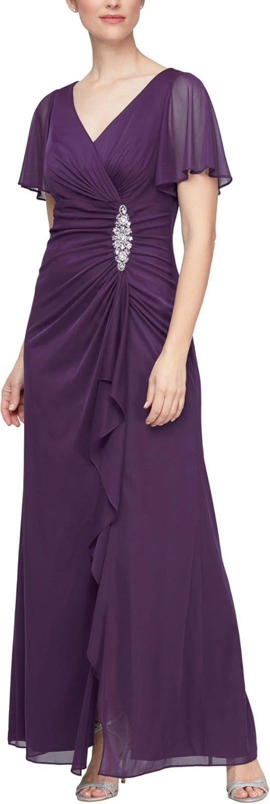Alex Evenings Women's Long Surplice Neckline with Flutter Sleeves Dress
