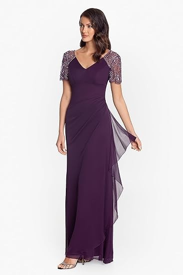 Xscape Female Long Sheer Matte Jersey Beaded Flutter Sleeve Dress