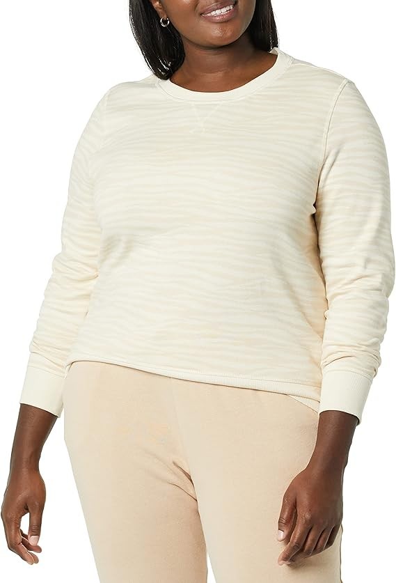 Amazon Essential Women's Fleece Crewneck Sweatshirt Beige Zebra Strip Size S NWT