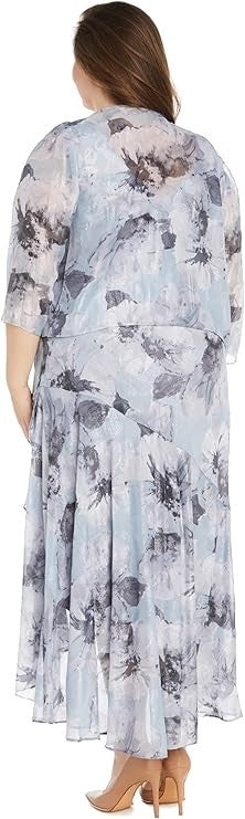 R&M Richards Women's Floral Jacquard High-Low Chiffon Dress WMatching Bolero Jac