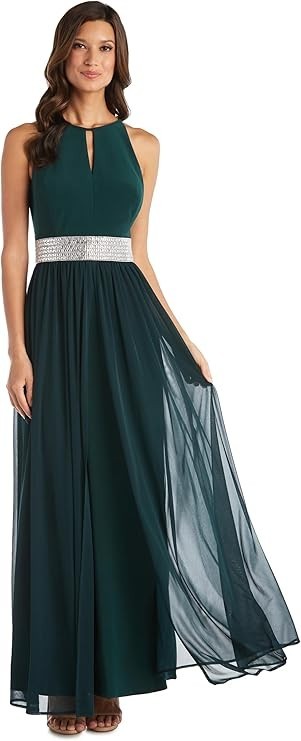 R&M Richards Women's Halter Maxi Dress With Rhinestone Waist & Flowing