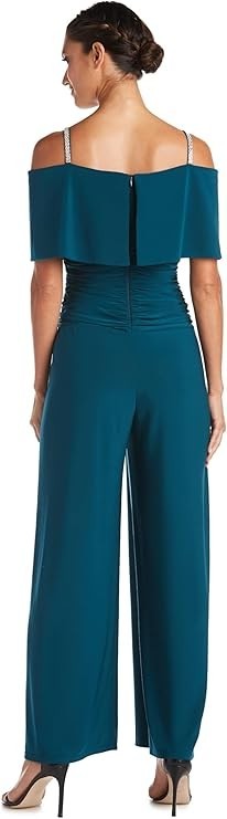 R&M Richards Women's Off-the-Shoulder Ruched Bodice Jumpsuit WRhinestone Straps