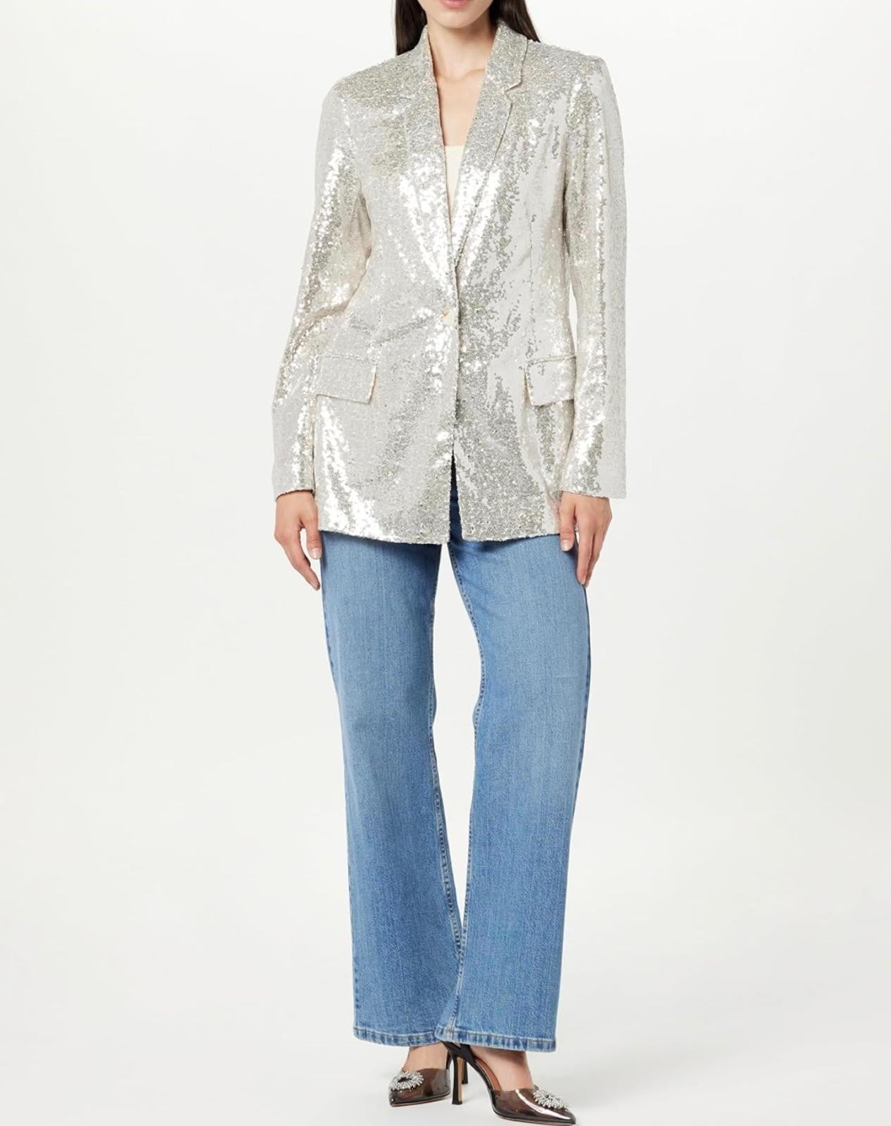 The Drop Women's Blake Long Blazer Silver Sequina Size 4XL Brand New!