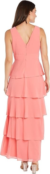 R&M Richards Women's Elegant Multi-Tiered Ruffle Chiffon Maxi Dress V-Neck Slee