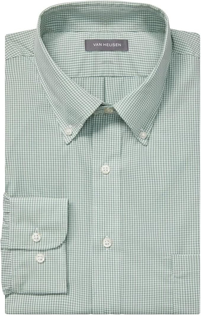 Van Heusen Men's Regular Fit Gingham Button Down Collar Dress Shirt Green Chico